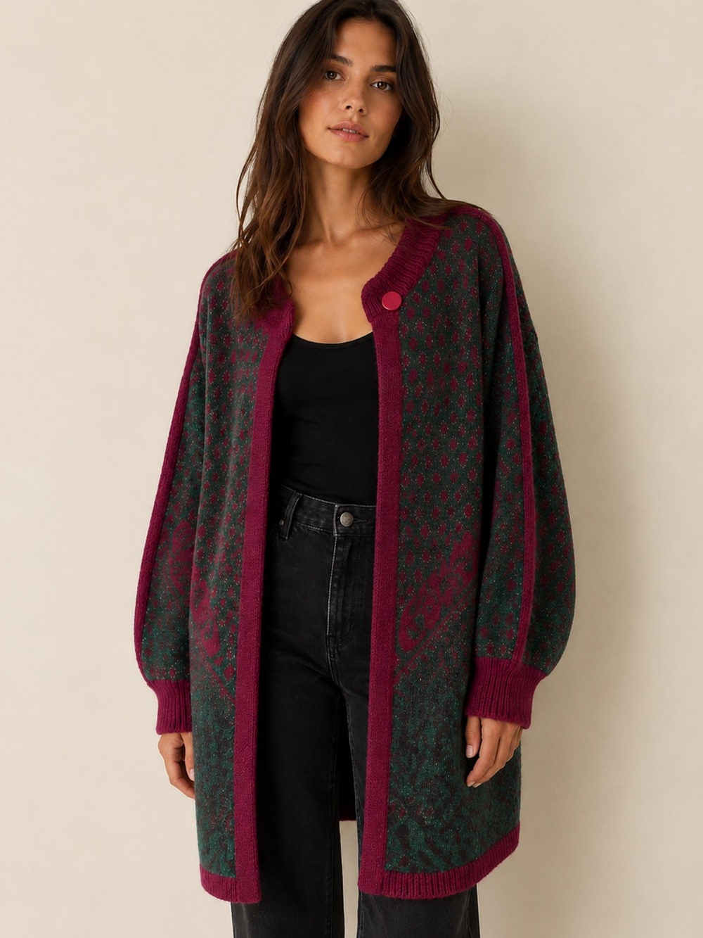 Vintage Spanner Mohair Wool Sweater Coat Longline Batwing Cardigan Green Berry